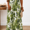 VESTIDO LARGO ESTAMPADO VERDE CON DETALLES DORADOS 32398